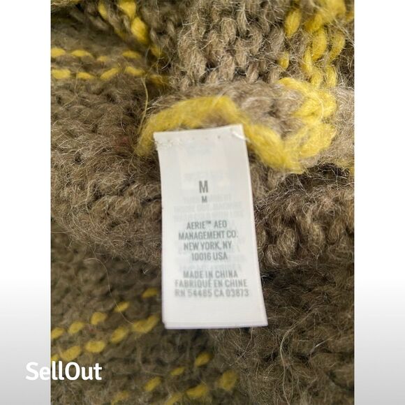 Aerie Women's M Brown Striped Chunky Knit Sweater Balloon Sleeve Pullover - Picture 3 of 4